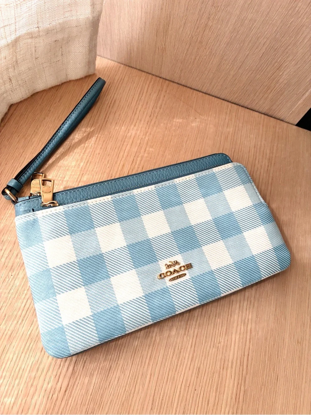 NWT🍬Coach Double Zip Wristlet With Gingham Print Large wallet Blue CEY50